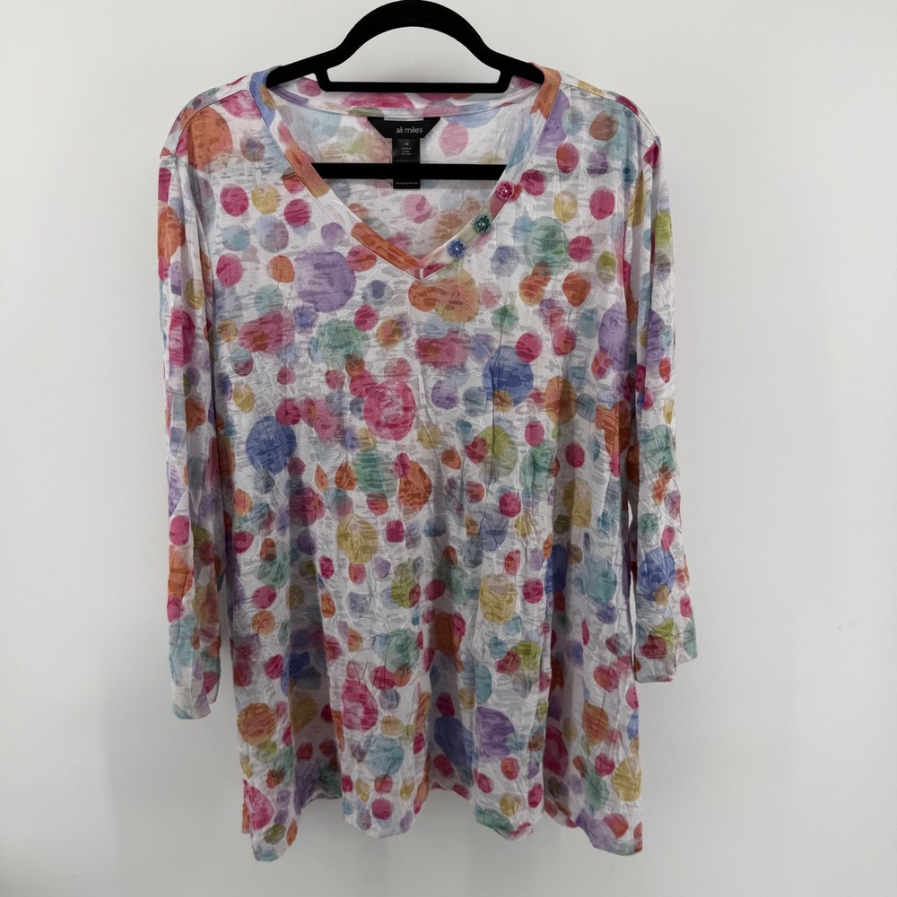 Ali Miles Womens 1X Colorful Tunic Blouse Top 3/4 Sleeves Art to Wear Polka Dot - Picture 2 of 8